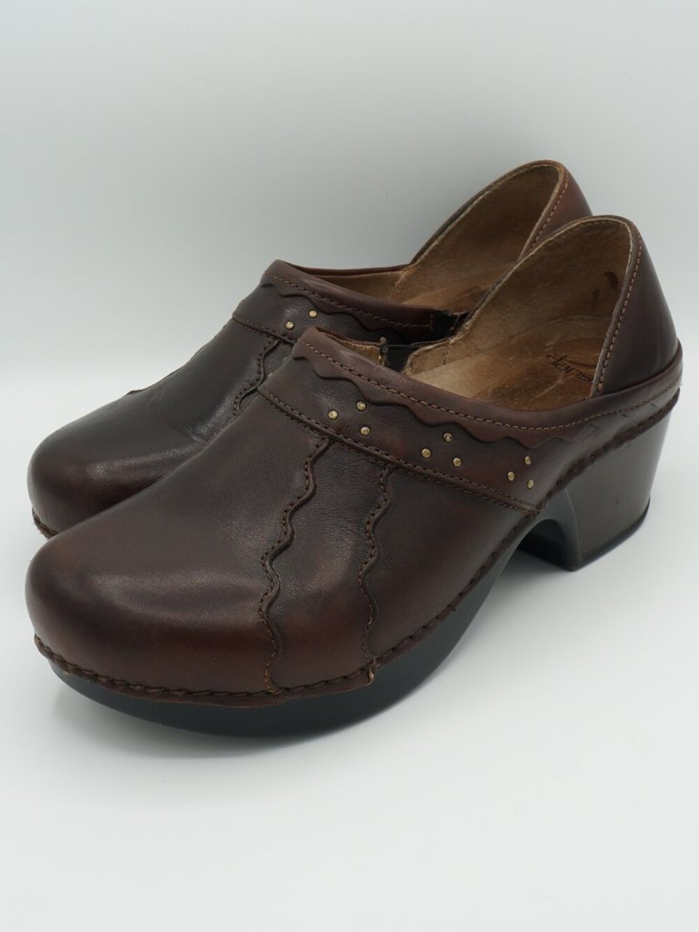 Dansko Women's EU 41 (US 10.5-11) Brown Leather Scalloped Studded Heeled Clogs